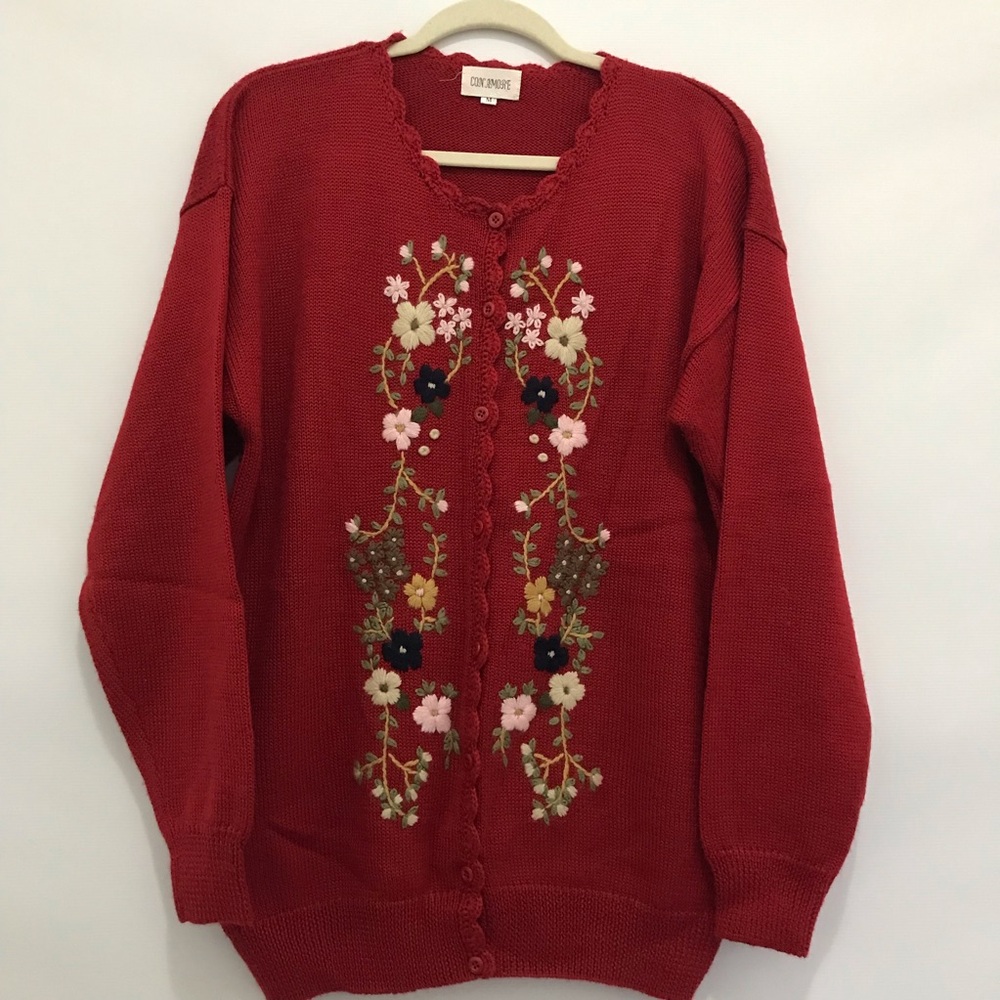 Con Amore Embroidered Red Cardigan Sweater Size M